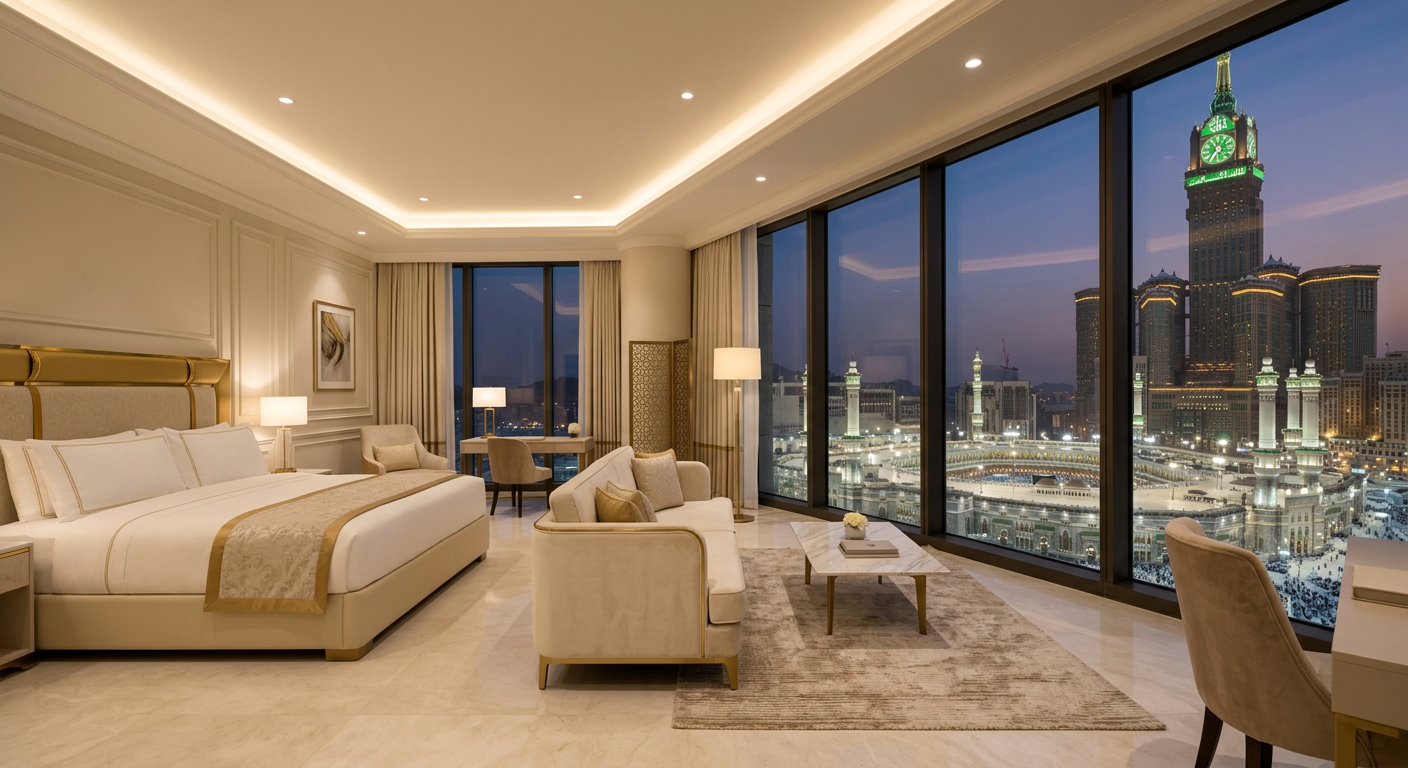 Suite d'hotel con vista sulla torre dell'orologio di Mecca